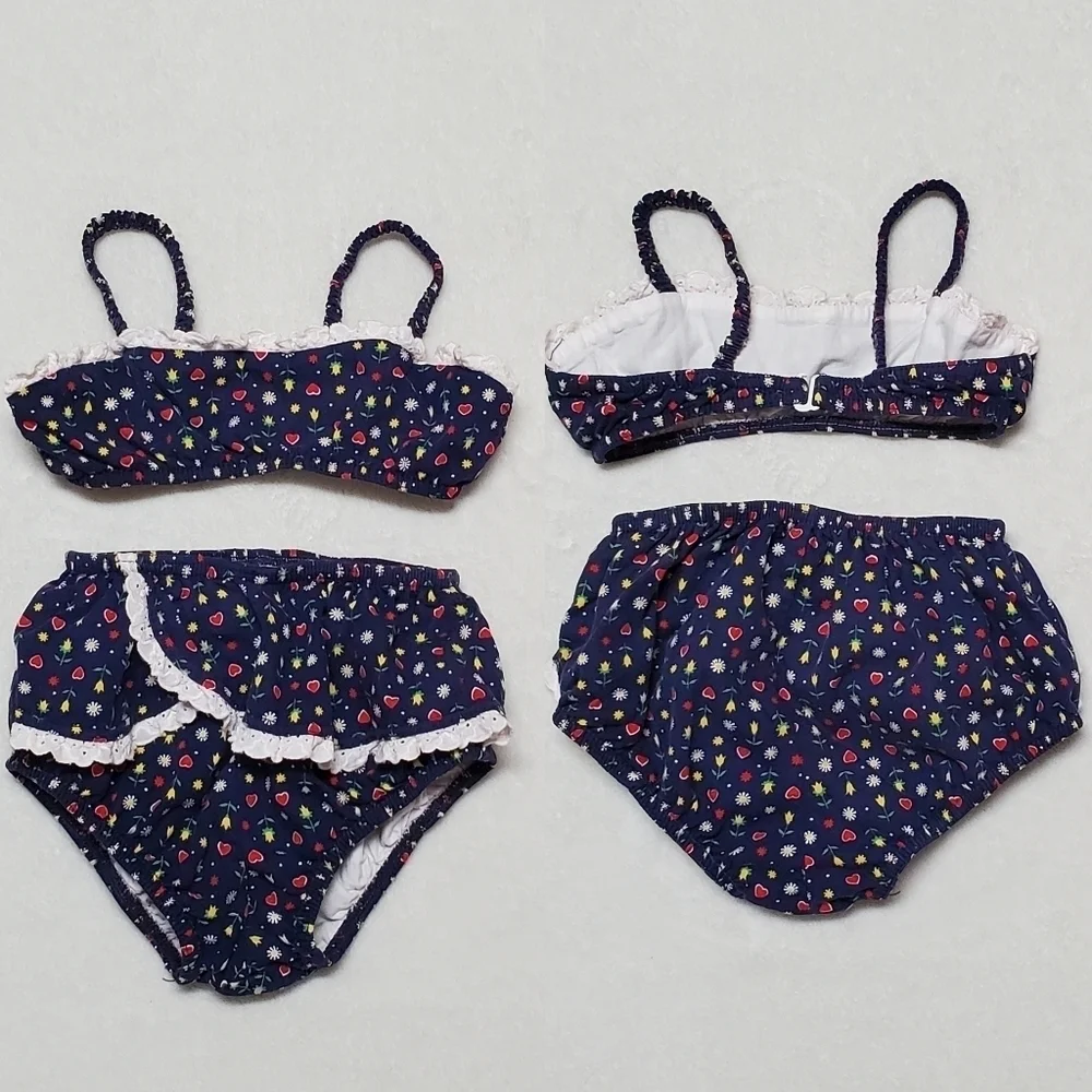 Vintage 60s Teen Girl Ultra Mod High High Bottom Ruffle Heart Floral Bikini XS